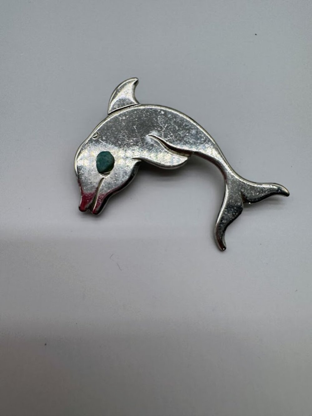 Dolphin Brooch Pin Turquoise Cabochon Crescent Hallmark Silver Figural